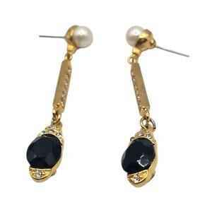Pierced Earrings Vintage Marvella Faux Pearl Black Rhinestone Gold Tone Dangle